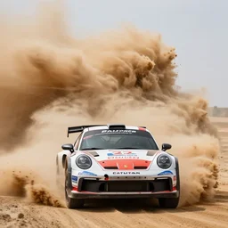 rallye porsche in front of the camera, massive sandstorm which looks like extremely huge wave in background, motion blur, wide lens