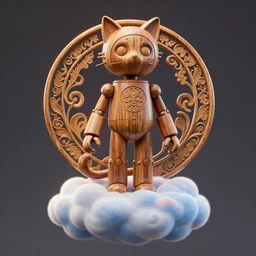 3 d octane render, ultra photorealistic, 8 k hyper detailed image, a beautiful wooden statue of a figurine of a robot with cat ears on a magic cloud, artstation, alphonse mucha
