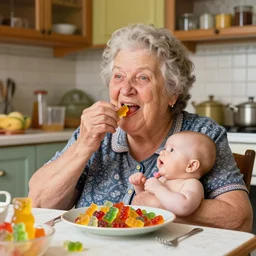 hyper realistic hight detailed grandmother with a big mouth eating babies and gummi bears on the table in the russian kitchen, by norman rockwell, bright colors, 4 k, 1 6 k, 3 2 k, photorealistic, cartoon style