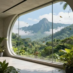 looked at big window, architectural, mountains in background, cloud forest in background, tropical, birds and butterflies, sunny day time, clear sky, futuristic, ultra realistic, ultra detailed, cinematic light, anamorphic