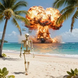 a skeleton walking on the tropical beach with nuclear bomb explosion in the background