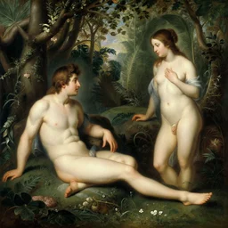 a realistic painting of adam and eve in the beautiful garden of eden, by rembrandt, amazing detail, smooth, elegant, intricate