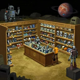 inside a store that sells robot parts, in a remote outpost, on a remote planet, from a sierra point and click 2 d graphic adventure game, set design inspired slightly by tomb raider, art inspired by [ [ [ thomas kinkade ] ] ] and mark keathley