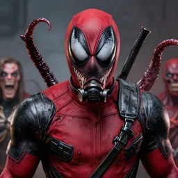 highly detailed closeup portrait of a mutated venom symbiote in deadpool suit with carnages tentacles, wearing a gas mask, by atey ghailan, by greg rutkowski, by greg tocchini, by james gilleard, by joe fenton, by kaethe butcher, red, black, crimson and grey color scheme