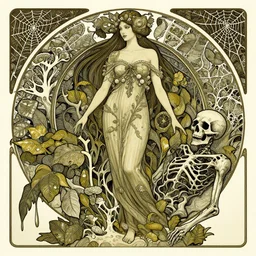 an insanely detailed cell shaded vector art of a tall woman and the death, intricate detailed leaves, spiderweb, mycelia, by ruan jia, fantasy, hyper detailed, concept art, by greg rutkowski, by alphonse mucha