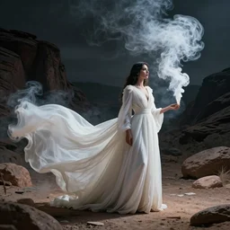 1 9 7 0's artistic spaghetti western, a woman in a giant flowing incredibly long dragging white dress made out of white smoke, standing inside a dark western rocky scenic landscape, volumetric lighting
