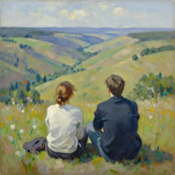 a couple sitting on the ground, in a field, over - looking a valley. palette knife oil painting on canvas by leonid afremov.
