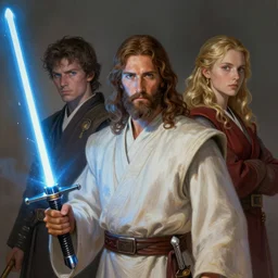 jedi jesus holding a blue saber!! fire emblem, art by artgerm and greg rutkowski and magali villeneuve, portrait, d & d, fantasy, highly detailed, digital painting, trending on artstation, concept art, sharp focus, illustration