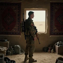 film still of a marine soldier with a sniper rifle on his back standing in a dusty room with traditional colorful carpets on the wall in front of a sandy window. moody, grainy, 4 k, high detail, aesthetic, good composition, overdetailed, room cluttered with items, anatomically correct, directed by quentin tarantino,