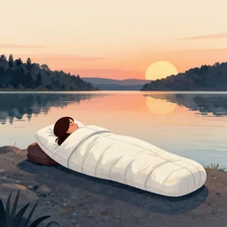 one woman in sleeping bag sitting on the lake at sunset highly detailed 2 d illustration in matte colors, watercolor painting