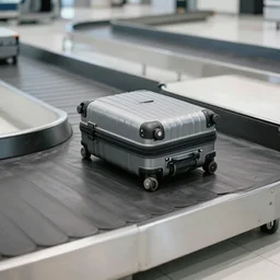 a medium sized suitcase on an airport industrial conveyor belt, moving on its way to a plane, industrial conveyor belt in an airport, no people