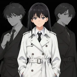 luxury advertisement, medium close-up of a manga girl with a white trenchcoat by krenz cushart, Sasoura, Satchely and Akihiko Yoshida, black medium length Dutch bob cut hair with straight bangs, poster