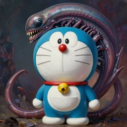 realistic portrait beautiful painting of Doraemon mutate into a Xenomorph. Horror, created by Thomas Kinkade.