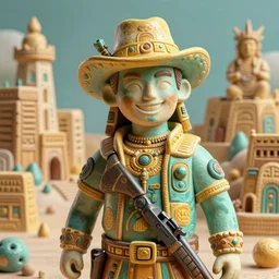 landscape city ceramic portrait happy gunslinger cyberpunk inca in tribal regalia, an idea seep's into infinity highly detailed in volumetric latent space, golden turquoise, cinematic light, sharp focus, divine realm of gods, octane render,