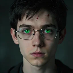 boy, thin face, black hair, bright green eyes, glasses, very thin scar on his forehead. the scar has the shape of a lightning bolt. movie still, 8 k, dark mysterious