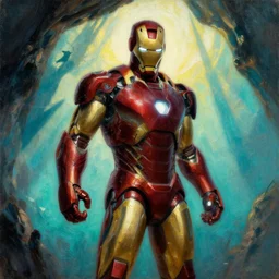 rusty iron man taken over by fungus  with backlight , sun rays , big shadows, small bird sihouettes  in cyan background , very textured detailed  oil painting by rembrandt , hard backlight , in dark cave