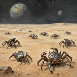 a herd of giant crabs made of steel running abound on barren desert exoplanet by James Gurney, by Caspar David Friedrich, by Beksinski and Alex Gray