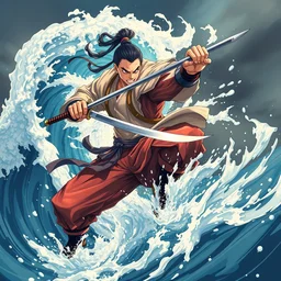 man, warrior with katana of water wave, full body, water fists of fury, crazy hate face, jumping leaping heroic attack, action scene, kimi no yiba, anime style, ultra detailed, 4 k