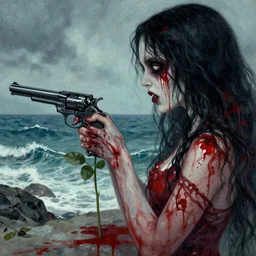 horror with blood, rose and a pistol with sea and ocean in the background intricate details side profile by Sandra Chevrier