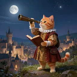 a fantasy painting of an anthropomorphic orange tabby cat dressed in renaissance clothes and holding a book while looking to the telescope, standing on a hill overlooking a vast medieval city, cinematic, beautiful lighting, night sky with stars and moon, dramatic