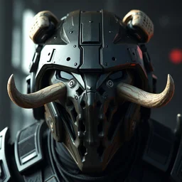 frontal view.. tusks on helmet. artstation greg rutkowski. octane render, unreal engine 6, epic game graphics. respawn, cyberpunk, conceptual art, ray tracing