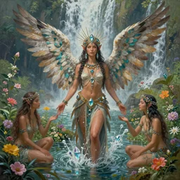 a detailed pfp portrait beautiful divine tribal high priestess and water nymphs with feathers wings and crystals in a lush field of flowers, playing in waterfalls, wide painting by greg rutkowski and hr giger, zbrush, trending on artstation : 1 h 1 0 2 4
