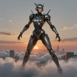 biblical mecha daemonic slim fit female, dynamic pose, in clouds over a city, sunset, big eyes, portrait by mikhail vrubel, studio lighting, muted colors, by frank frazetta, extreme detail, reflections, trending on artstation, 8 k