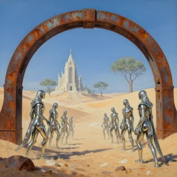 spanning the sky rusts a metal archway under which passed the chrome gargantuans canonized in the elder canticles, matte oil painting, science fantasy, biblical, salt dunes, sacred, shrines, trees, rpg, queer, lgbt, pride, epic, extremely detailed, sharp focus, 4 k