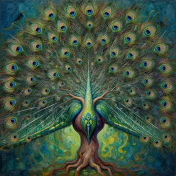 the sacred tree peacock feathers in the style of oil painting visionary art, intricate artwork  octane render, trending on artstation, very coherent symmetrical artwork