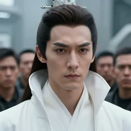 portrait of a regal prince with sharp cheekbones, white clothes, high collar, close up, super details, crowd of angry people staring at him in the background, modern digital art, matte painting, science fiction