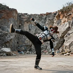 breakdancing Kamen Rider snake oil salesman b-boy cowboy standing in a rock quarry, single character full body, 4k, glowing eyes, rock quarry location, daytime, rubber suit, pvc armor, dark blue with red secondary color segmented armor, biomechanical, techno organic armor, ultra realistic, moody colors, ultra realistic, Beautiful Cinematography, purple green color scheme