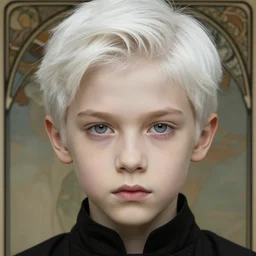 portrait a 1 5 - year - old boy, with slender, sleek white - blond hair, cold grey eyes, a pale complexion with sharp and pointed features, wearing black clothes, hyper realistic face, beautiful eyes, close up, fantasy art, in the style of greg rutkowski, intricate, alphonse mucha, hyper detailed, smooth