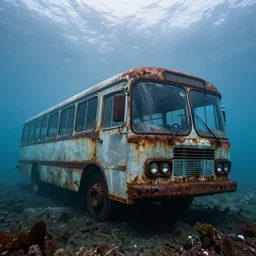a rusty, corroded bus at the bottom of the ocean, cloudy water, underwater photography, national geographic, 8 k, high quality