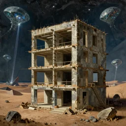 a beautiful very detailed painting of building in - law suite nature unfinished building by pieter bruegel the elder, nature sea scumm bar alien laser wilderness universe evil cgsociety at night desert made of glass dramatic lighting thermal vision, archdaily, wallpaper, highly detailed, trending on artstation.