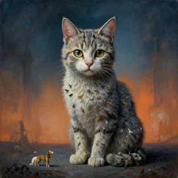 painting of cat made of tiny dogs, by zdzislaw beksinski, by dariusz zawadzki, by wayne barlowe, amazing details, gothic, surrealism, cosmic horror, lovecraftian, cold hue's, warm tone gradient background, concept art, beautiful composition