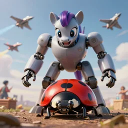 ground level shot of a ( ladybug ) on a life size huge robotic ( my little pony ). the ladybug has hands and legs. in the background an air show with jets. maybe a picnic? professional, high quality, dramatic lighting, dof, bokeh, action