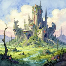 futuristic scifi castle in a lush quagmire. watercolor by award - winning russian comic artist, depth of field, vibrant colors.