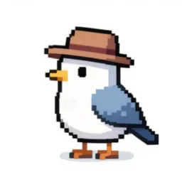 a bird with a hat in pixelart, white background
