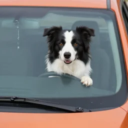 border collie dog looking through windshield of an orange nissan note, paws on wheel, car moving fast, rally driving photo, award winning photo, golden hour,