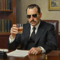beautiful oil matte portrait painting : lone mafia boss. holding a glass of whiskey. at 5 0 s new york office desk. wonderful masterpiece. highly detailed