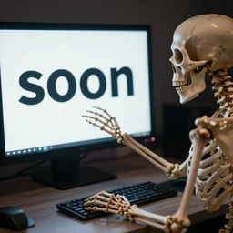 A photo of a skeleton reaching out towards a computer screen with the word “soon” on it