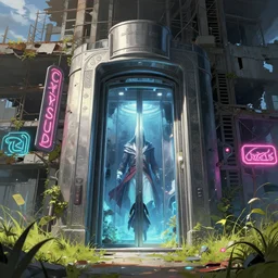 a beautiful ultradetailed anime illustration of abandoned unfinished building elevator by georgia o'keeffe, apocalyptic assassin's creed azeroth sea lightpaint magic realism meadow hyperrealism neon signs elysian, archdaily, wallpaper, highly detailed, trending on artstation.