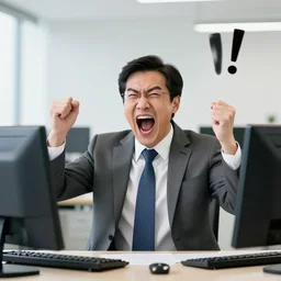 man in a office suit screaming bazinga!, realistic, hdr, clear image, stock photo, dynamic lighting,