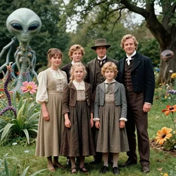 sharp, highly detailed, 45456k film, 201800mm film still from a sci fi blockbuster color movie made in 2019, set in 1860, of a family standing in a park, next to some strange alien plants and flowers, on an alien planet, the family are all wearing 1860s era clothes, good lighting, ultra high definition, ultra enhanced faces, in focus, 35mm macro lens