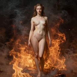 a masterpiece full body portrait a beautiful Beatrice in Dante\'s inferno, beautiful face, flawless skin, flames and smoke in background, by Edgar Maxence and Ross Tran and Michael Whelan