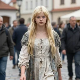 aristocratic platinum - blonde - haired hime - cut long hair blue - eyed 1 9 - year - old princess wearing dirty clothes, walking through crowds in czech town