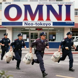 1979 OMNI Magazine, Neo-tokyo bank robbers fleeing the police with bags of money, Highly Detailed, 8k :4 by Vincent Di Fate : 8