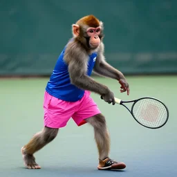 monkey playing tennis with pink shorts and a blue shirt