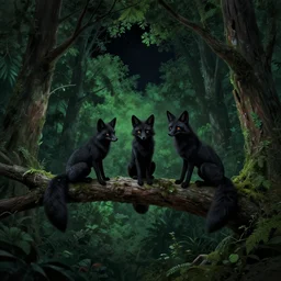 three black foxes sitting on a high branch in a dense green forest, night time, pitch black sky, stars, fantasy art, !extreme low angle shot, detailed illustration, hd, overdetailed art, trending on ArtStation, concept art, cgsociety, octane render, trending on artstation, artstationHD, artstationHQ, unreal engine, 8k