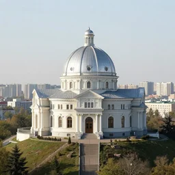 dome mansion on a hill, with postsoviet city in the background